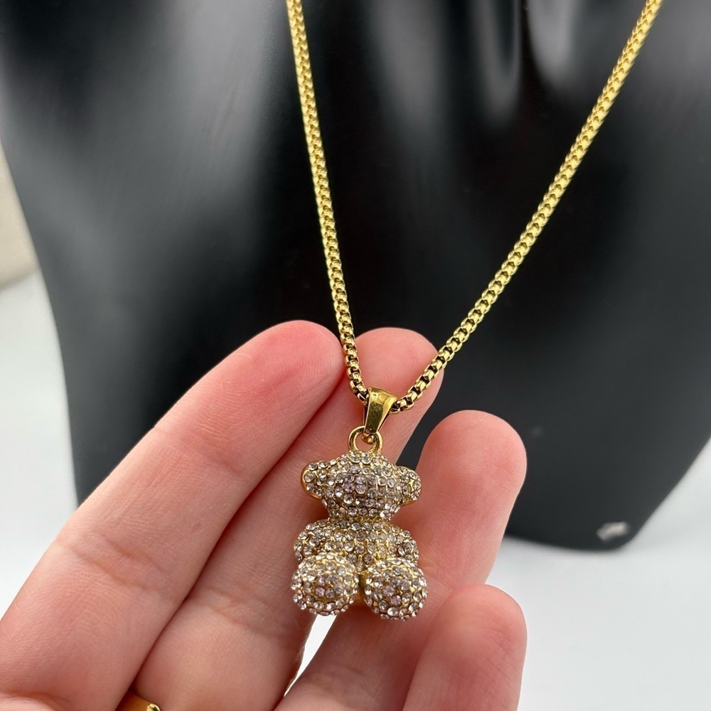 Gold Teddy Bear Pendant Necklace with Crystals ✨ - Picture 4 of 7